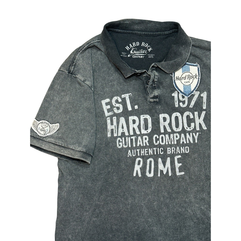 Hard Rock Guitar Co. Rome Men's Y2K Vtg Gray Distressed Cotton Polo Shirt SizeXL